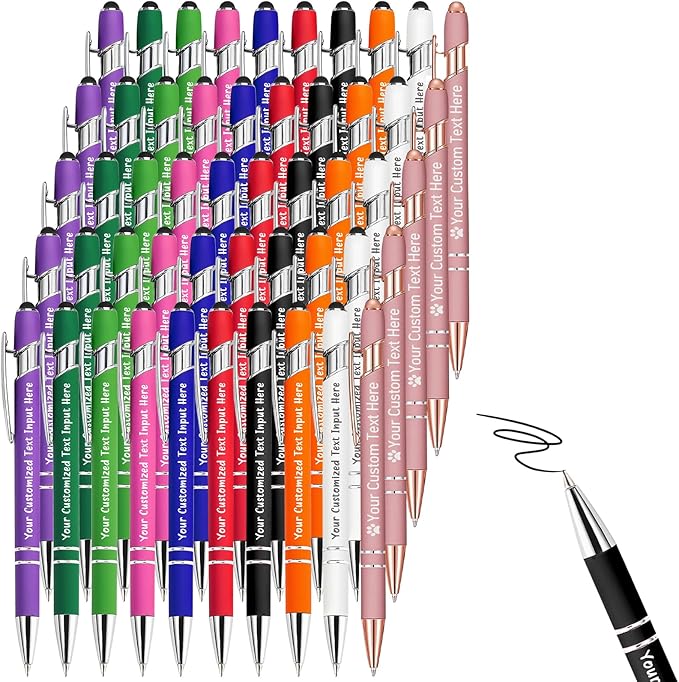 Up to 300 Pcs Personalized Ballpoint Pen Custom Pens Free Engraved Bulk with Name Logo Soft Black Ink Stylus with Touch Metal Office Gift for Anniversaries Graduations Birthdays