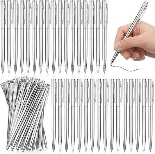 Lincia 100 Pieces Silver Slim Metal Ballpoint Pen 1 mm Medium Black Ink Smooth Writing Silver Retractable Point Metal Pen for Office Business Students Teachers Wedding Guest(Stylish)