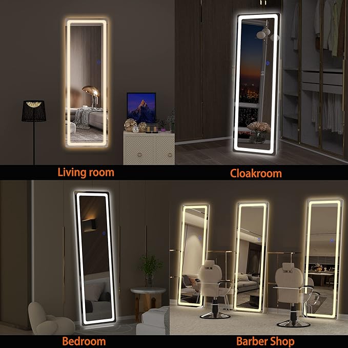 Hasipu Full Length Mirror with Lights, 56" x 20" LED Floor Mirror, Full Body Dressing Standing, Hanging Mounted Mirror for Living Room Bedroom Cloakroom, Round White