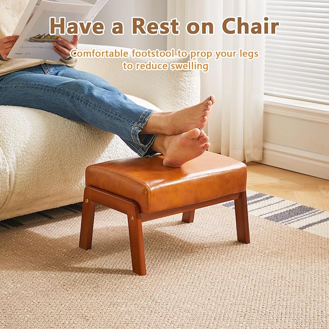 IBUYKE 10.2” H Small Foot Stool Ottoman, Rectangle PU Faux Leather Foot Rest with Padded Seat and Wood Legs, Modern Ottoman Foot Rest for Living Room Bedroom Couch Office, Yellowish-Brown WBD013J