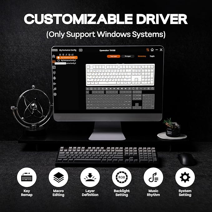 EPOMAKER TH108 Full Size Mechanical Keyboard, Wireless Gaming Keyboard, 8000mAh Battery, Creamy Gasket, 108 Keys, Hot Swap, Custom Driver, RGB Backlights (Black, Creamy Jade Switch)