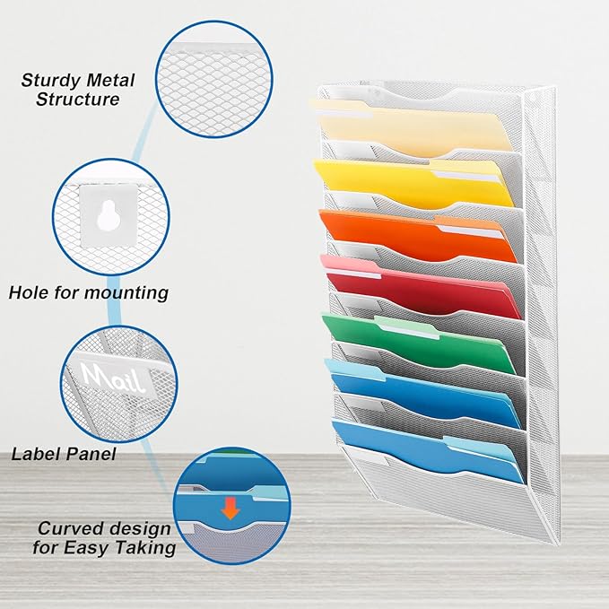 EASEPRES 8 Pocket Mesh Hanging Wall File Organizer, Wall Mounted Mail Paper Document Folder Holder, Clipboard Storage Organization Magazine Rack with Nametag Label for Office Home School, White
