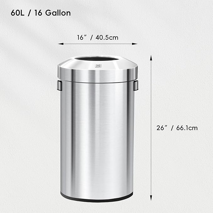 EKO 16-Gallon Round Stainless Steel Open Top Trash Can, Large Commercial Waste Bin with Detachable Lid and Carrying Handle, Brushed Metal Garbage Bin for Home, Office, Restaurant, Restroom