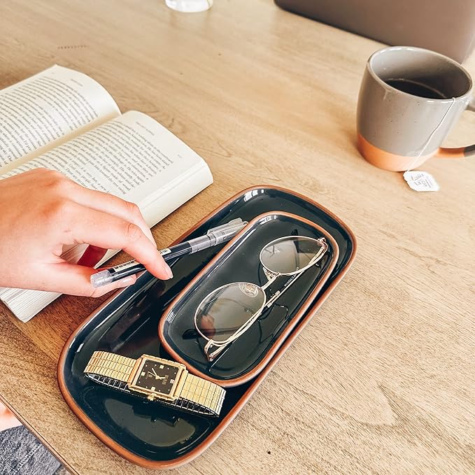 Mora Ceramic Decorative Tray - Rectangle 6.4in Dish for Jewelry, Perfume, Makeup, Accessories, Candle, in The Bathroom Vanity, Bedside, or Kitchen Counter. Cute Organizers - Black