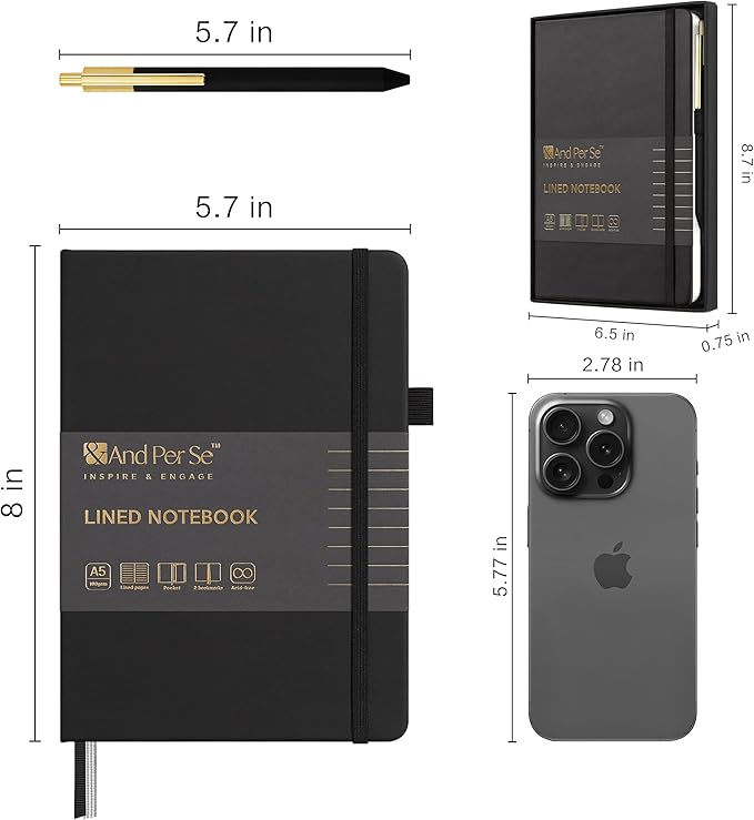 A5 Lined Leather Journal and Pen Set for Women&Men, Gift Box Included, Hardcover Notebook with 160 Pages 100GSM Thick Paper, for Work, Business, School or Home Writing(Black)