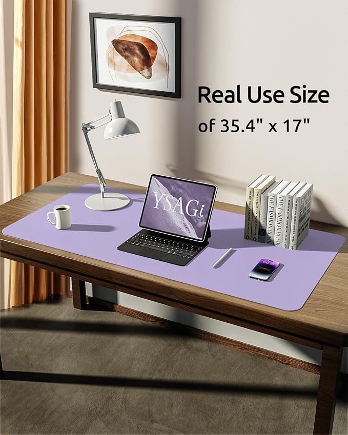 YSAGi Leather Desk Protector, Office Mat, Large Mouse Mat, Non-Slip PU Leather Blotter, Laptop Desk, Waterproof Writing Pad for Office and Home (Light Purple, 35.4" x 17")