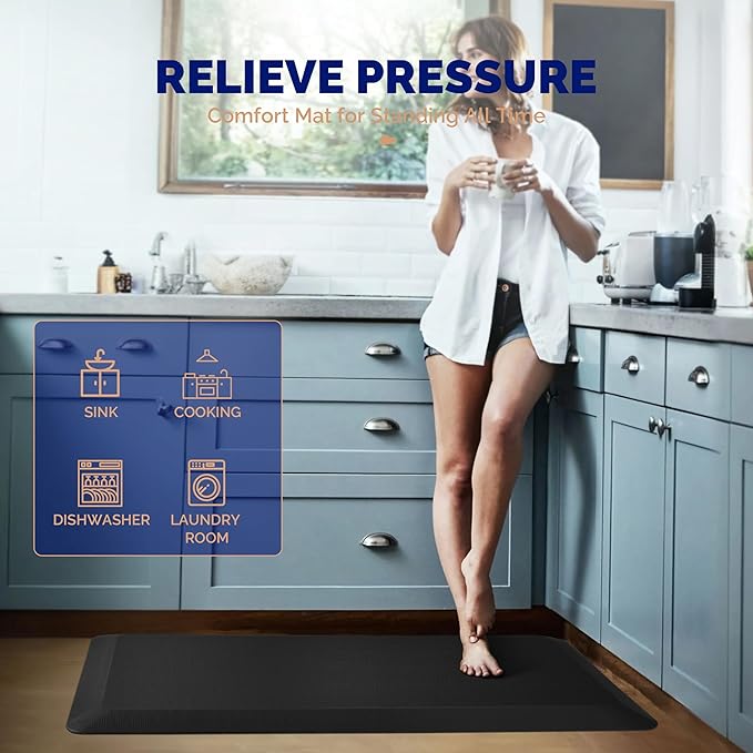 FEATOL Anti Fatigue Mat for Kitchen Floor – 9/10 Extra Thick Cushioned Standing Desk Mat Memory Foam, Ergonomic Floor Padded Comfort at Home, Kitchen, Office, Garage – NOT PVC (20" x 39", Black)