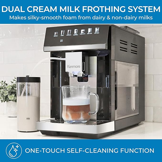 Koolatron Kenmore Espresso Machine – All-In-One Fully Automatic Coffee Maker with Auto Tamper, Descaler, Milk Steamer & Frother, Bean Grinder, Professional Barista Style Cappuccino, Cafe Latte, Black