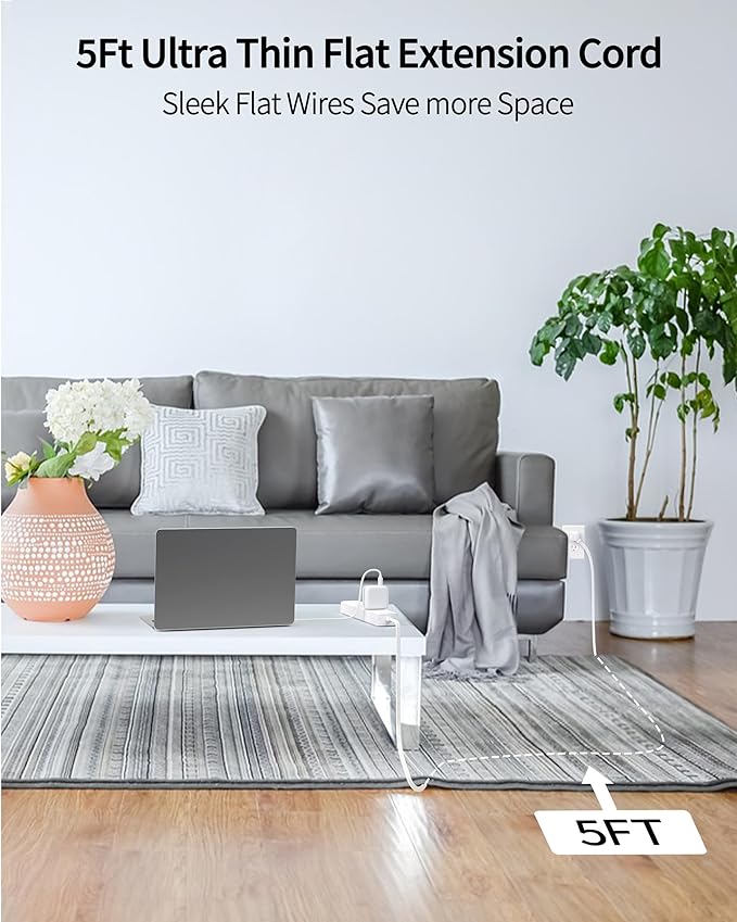 Power Strip Surge Protector with 5 AC Outlets(1875W/15A) 4 USB Ports (2 USB C), 5 Ft Ultra Thin Extension Cord, Low Profile Flat Plug, 1700 Joules, Wall Mount for Home Office, White