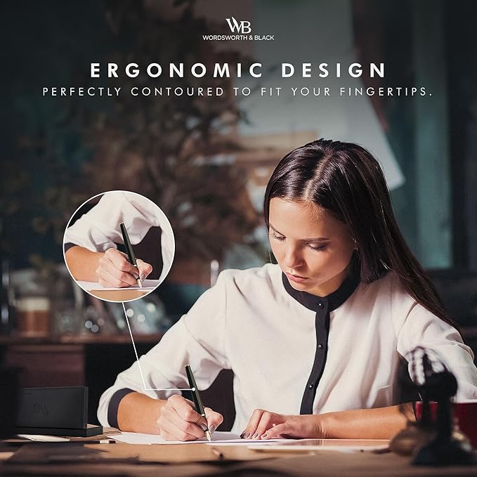 Wordsworth & Black Fountain Pen Set, 18K Gilded Broad Nib, Includes 24 Pack Ink Cartridges, Ink Refill Converter & Gift Box, Gold Finish, Calligraphy, [Racing Green], Perfect for Men & Women