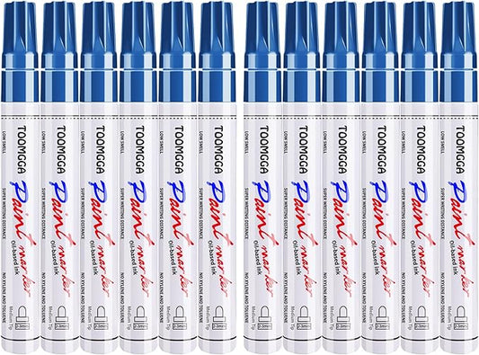 Permanent Paint Pens Blue Paint Markers 12 Pack Oil Based Markers, Quick Drying and Waterproof Marker Pen, Car Tire, Metal, Rock Painting, Wood, Plastic, Canvas, Craft Supplies for Adults