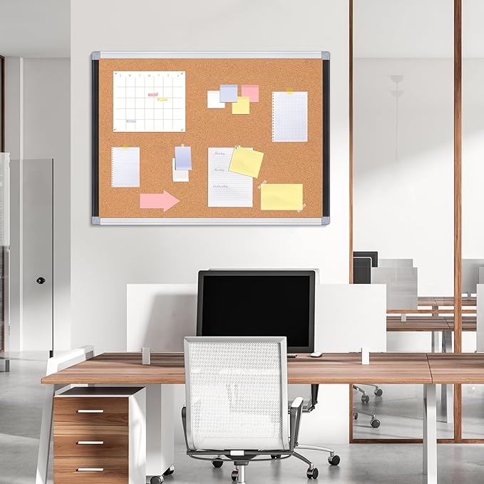 Board2by Cork Board Bulletin Board 20" x 30", Black/Silver Aluminium Framed Corkboard, Office Board for Wall Decor, Large Wall Mounted Notice Pin Board with 18 Push Pins for School, Home & Office