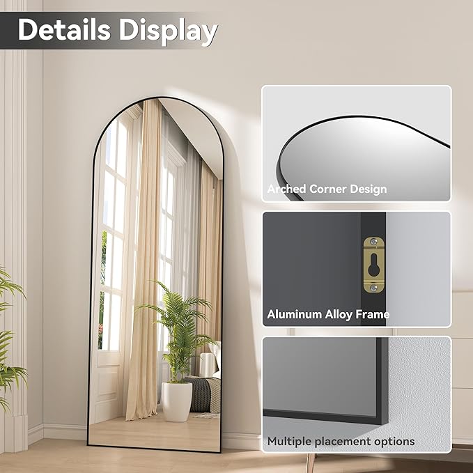 Hasipu 81" x 41" Arched Full Length Mirror Extra Large Wall Mounted Hanging or Leaning Mirror, Aluminum Frame Tempered Glass Rectangle Mirror, for Bedroom Living Room Cloakroom, Black