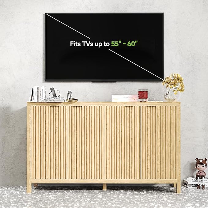 Real Relax Fluted Buffet Cabinet with Storage, Modern Sideboard with 4 Doors, 3 Adjustable Shelves, Large 55'' Kitchen Credenza Coffee Bar Cabinet, Console Cabinets for Living, Dinning Room, Natural