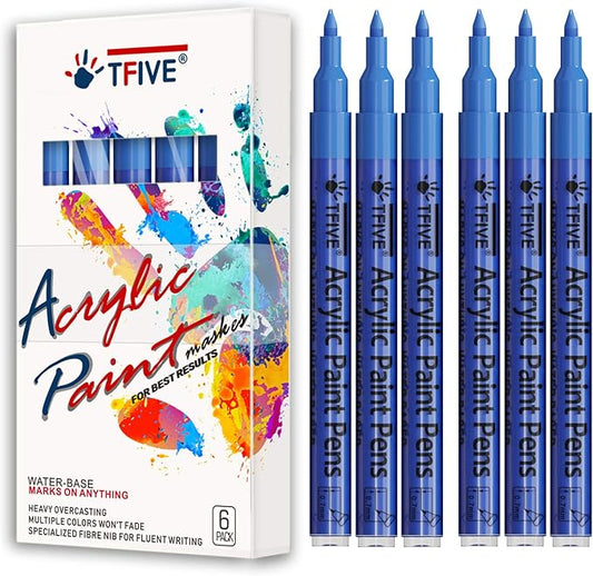 Blue Marker Paint Pens - 6 Pack Acrylic Blue Permanent Marker, 0.7mm Extra Fine Tip Paint Pen for Art projects, Drawing, Rock Painting, Stone, Ceramic, Glass, Wood, Plastic, Metal, Canvas DIY Crafts