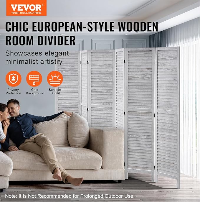 VEVOR Wood Room Divider, 6 Panel Wood Folding Privacy Screen, 66.9 Inches Tall Indoor Louvered Wooden Partition, Portable Decoration Screen, for Room Separation, Home, Office, Restaurant & Bedroom