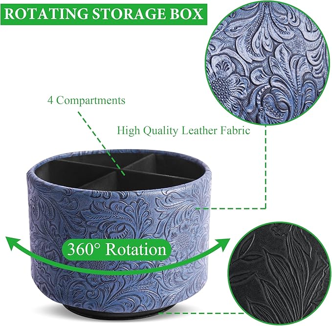 lizimandu Round Leather Art Supply Organizer,Remote Control Holder,360 Degree Spinning,Multi-Functional Pencil Holder,4 Compartments Desktop Stationary Organizer(1-Carved Dark Blue)