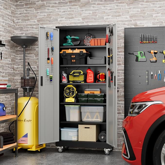 Aobabo Upgraded Garage Storage Cabinets with Wheels,Metal Storage Cabinets with 5 Adjustable Shelves for Garage Home Office Storage, Black&Dark Grey,71''H*32''W*16''D,Assembly Required