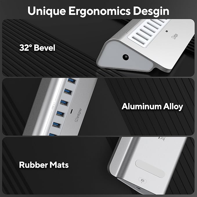 Powered USB Hub, intpw 10 Port USB 3.1 Hub with 10Gbps Data Transfer, 36W(12V/3A) Power Adapter, USB Type A and Type C Cable, Aluminum USB Hub for Laptop, MacBook and Desktop Computer