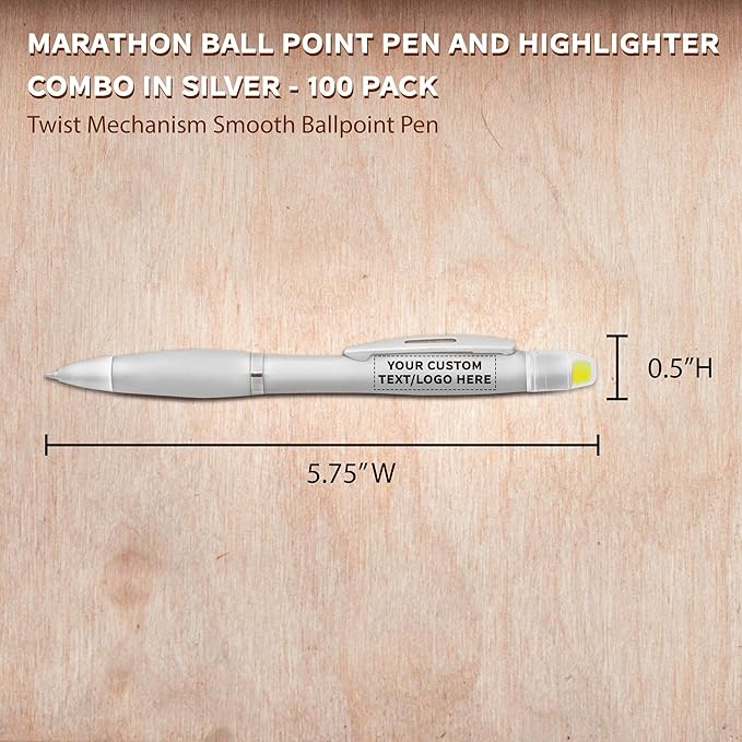 DISCOUNT PROMOS 100 Marathon Gel Highlighter Pens Pack - Customizable Text, Logo - Twist Mechanism, Ballpoint - Silver