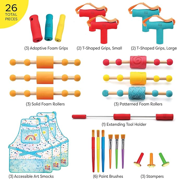 The Kind Mind Company™ Adaptive Art Class Bundle – Complete Set with Foam Grips, Brushes, Rollers, Smocks & Tool Holder – Inclusive Art Supplies for Kids & Adults with Mobility Challenges