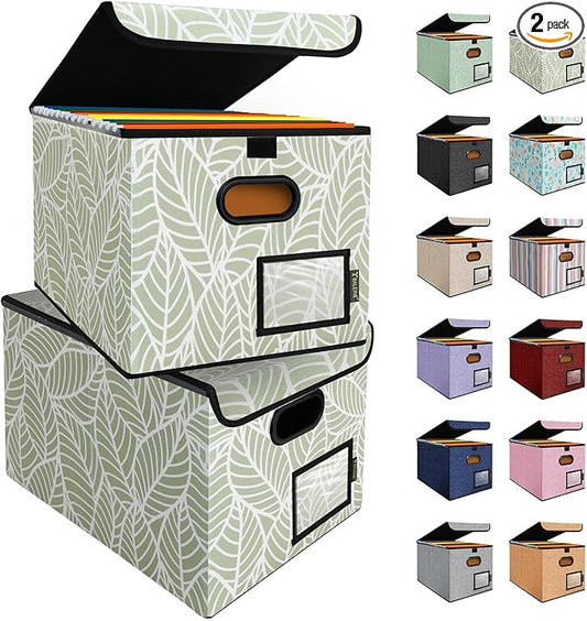 BALEINE File Organizer Box with Lid, Collapsible File Folder Organizer with Plastic Slide, Hanging File Folder Box for Office Document Storage (2 Pack, Antique Foliage)