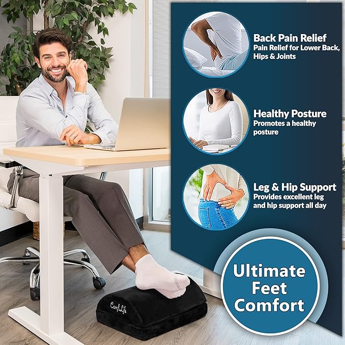 ComfiLife Foot Rest for Under Desk at Work – Adjustable Height Memory Foam Foot Stool for Under Desk, Office Chair & Gaming Chair – Ergonomic Footrest for Back & Hip Pain Relief (Black)