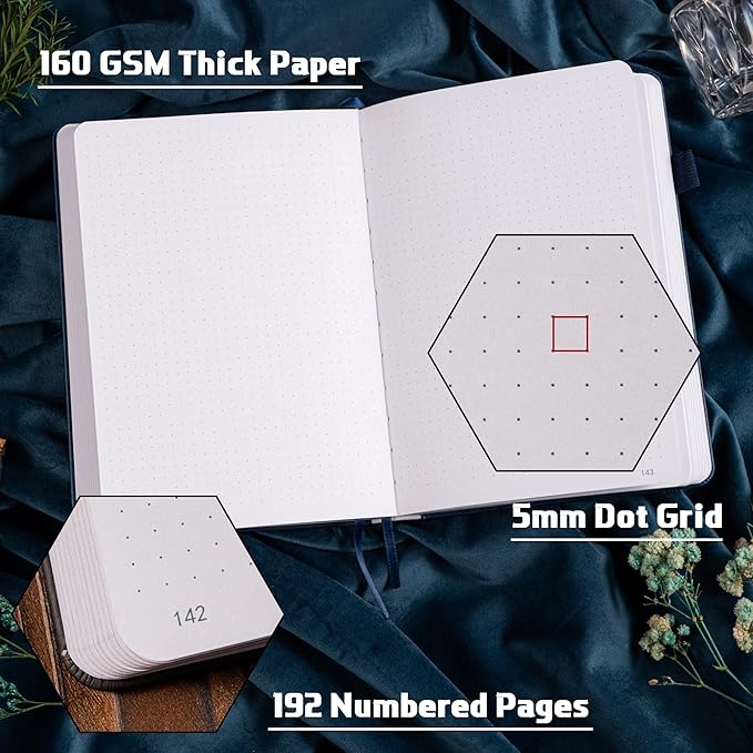 TIEFOSSI Bullet Dotted Journal Notebook, 160gsm 256 Numbered Thick Paper, A5 Hardcover Dotted Grid Diary for Women Men Work Writing, Bullet dot Journaling, Drawing, 5.8 x 8.3 in