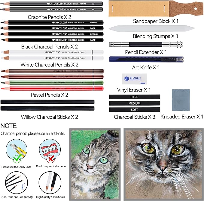 Charcoal Drawing Set, Set of 23, Graphite Pencils, Black & White Charcoal Pencils for Drawing, Sketching, Shading, Blending, Artist Pencils for Beginners & Pro Artists ﻿