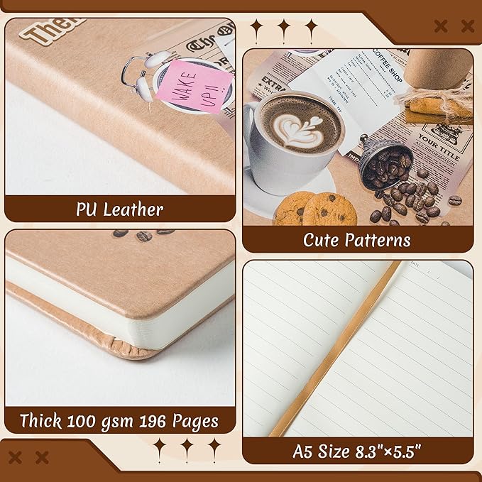 B1ykin Hardcover Ruled Journal Notebook with Planner Stickers, 196 Pages PU Leather Journal Notebook Journals Diary Notepad for Writing Travel Business Work School College Note Taking (Coffee)