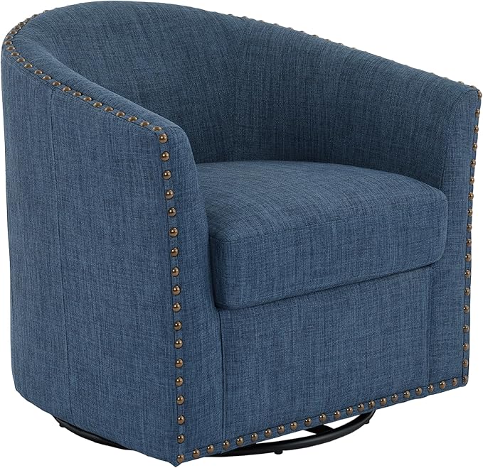 UIXE 360° Swivel Barrel Accent Chair Set of 2, Modern Upholstered Arm Chair Round Club Armchair, Nailhead Trim Single Sofa Seating in Fabric for Living Room - Blue