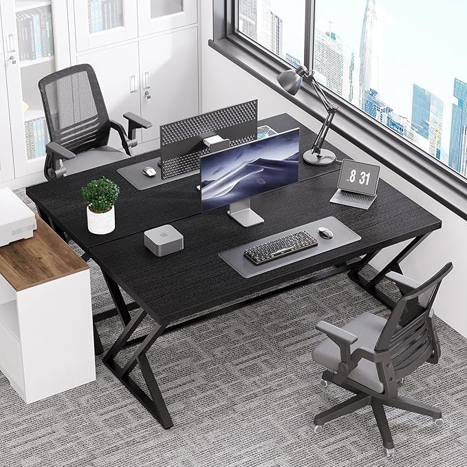 LVB Black Computer Desk, Modern Gaming PC Writing Desk for Home Office, Metal Computer Study Work Table for Bedroom, Industrial Executive Student Simple Workstation Desk, 55 in, Black Oak