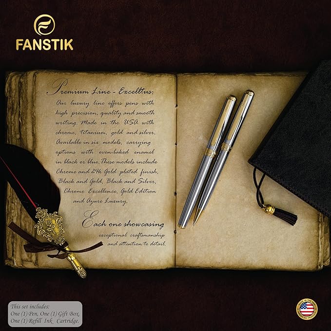 Silver&Gold Luxury fountain pen (Made In USA) fancy gift set for women, Real 24K Gold Plating, Professional executive pen gift set for men (Lux fountain Silver-Gold)