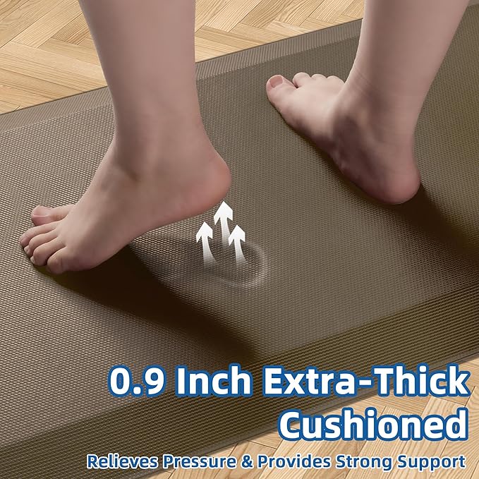 Anti Fatigue Kitchen Mats for Floor, Brown 9/10 Extra Thick Cushioned Standing Desk Mat, Comfort Memory Foam Ergonomic Kitchen Rugs and Mats Non-Slip Waterproof for Office, Kitchen, Sink, 20" x 48"
