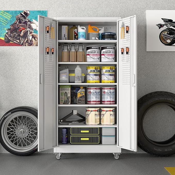 Aobabo Metal Storage Cabinet with Wheels,Heavy Duty Office Storage Cabinet with Lock,Steel Cabinet with 2 Doors and 5 Adjustable Shelves for Office Home School Storage,Required-Assembly White