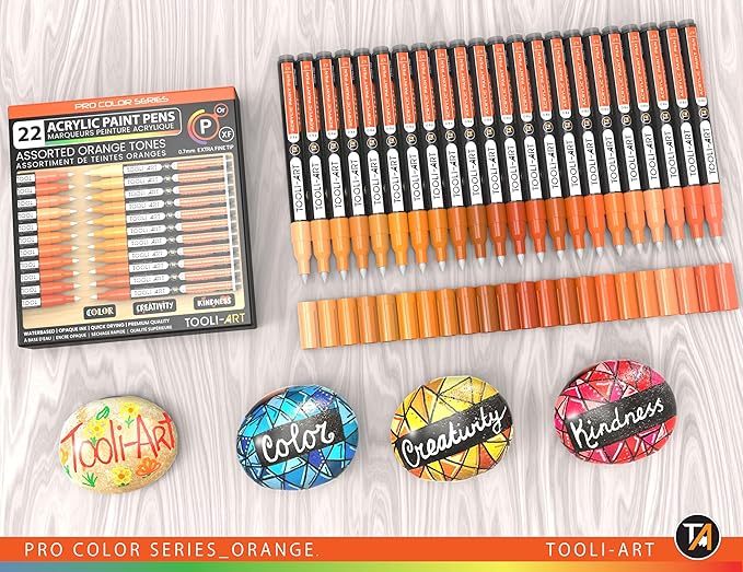 Acrylic Paint Pens 22 Orange Tones Assorted Pro Color Series Markers Set 0.7mm Extra Fine Tip for Rock Painting, Glass, Mugs, Wood, Metal, Canvas, Projects, Non Toxic, Waterbased, Quick Drying