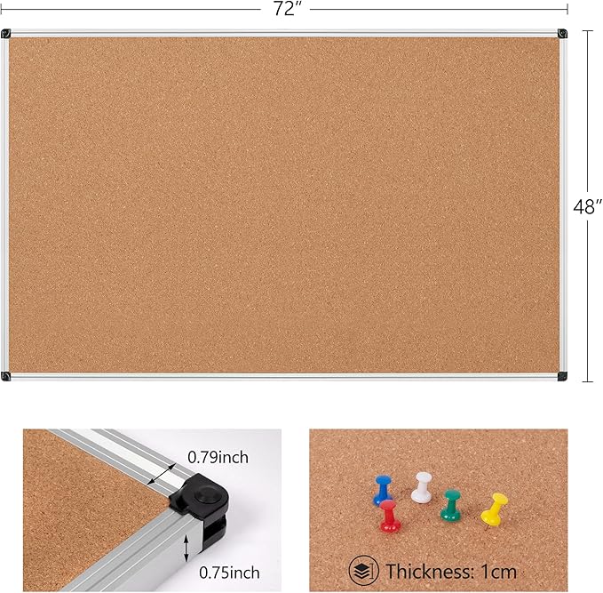 Board2by Extra Large Cork Bulletin Board 72" X 48", Silver Aluminum Framed 6'x4' Corkboard for Wall, Wall Mounted Notice Pin Board with 18 Push Pins for School, Home & Office