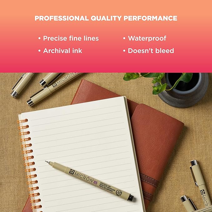 SAKURA Pigma Micron Fineliner Pens - Archival Black & Colored Ink Pens - For Writing, Drawing, or Journaling - Black & Assorted Colored Ink - 01 Point Size - 6 Pack