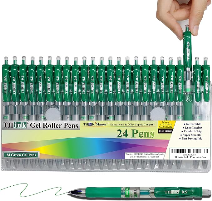 THINK2MASTER [24 Pens - Green Ink] Think2 Retractable Gel Pens. (24 Green) Fine Point (0.5mm) Rollerball Pens with Comfort Grip.