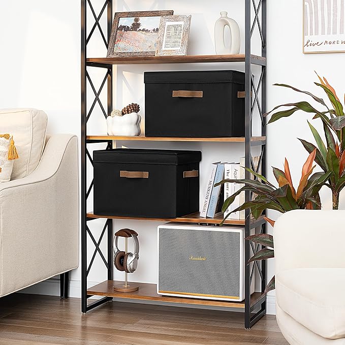 StorageWorks Fabric Storage Bins with Lid, Decorative Storage Boxes for Shelves, Stackable Closet Organizer Basket with Handles, Jumbo, Black, 2-Pack