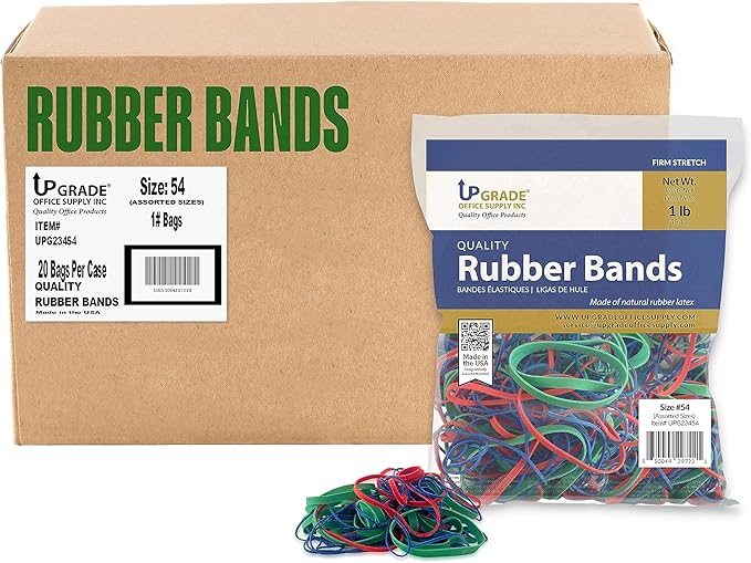 Upgrade Office Supply UPG23454CS Rubber Bands, Assorted Size and Color, 1 lb Bags, 20 Pack Case, USA