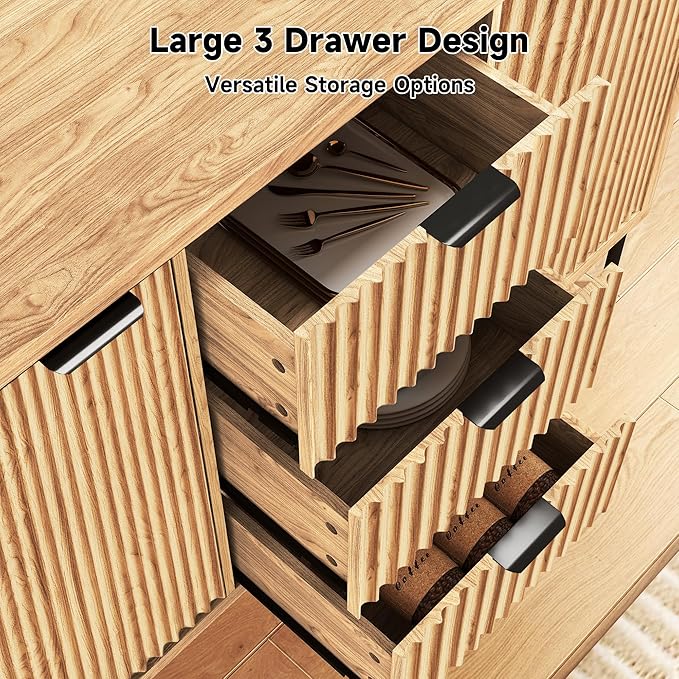 Real Relax Fluted Sideboard Cabinet, Sideboard Buffet Cabinet with Storage, Modern Credenza 2 Doors 3 Drawers, Coffee Bar Buffet Table for Dining Room, Kitchen, and Living Room, Oak