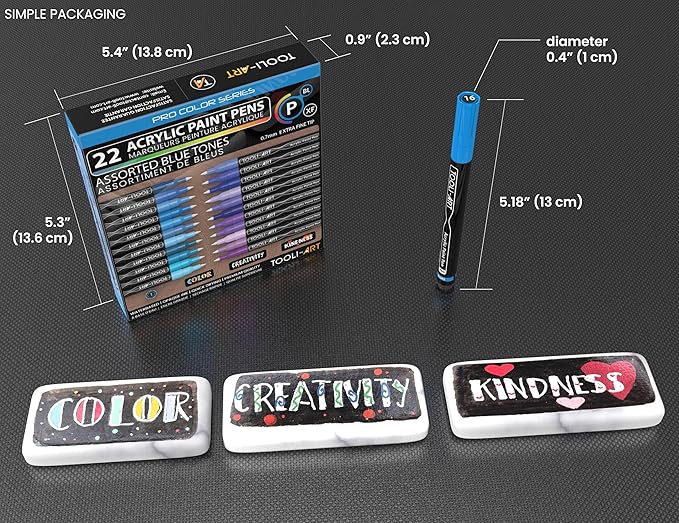 Acrylic Paint Pens 22 Blue & Purple Tones Assorted Pro Color Series Markers Set 0.7mm Extra Fine Tip for Rock Painting, Glass, Mugs, Wood, Metal, Canvas, Projects, Non Toxic, Waterbased, Quick Drying