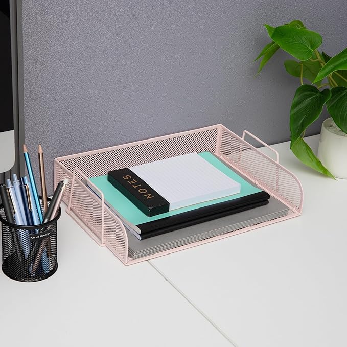 Mind Reader Stackable Paper Tray, Desktop Organizer, File Storage, Office, Metal Mesh, 13.25" L x 9.75" W x 6.25" H, 2 Pcs., Pink