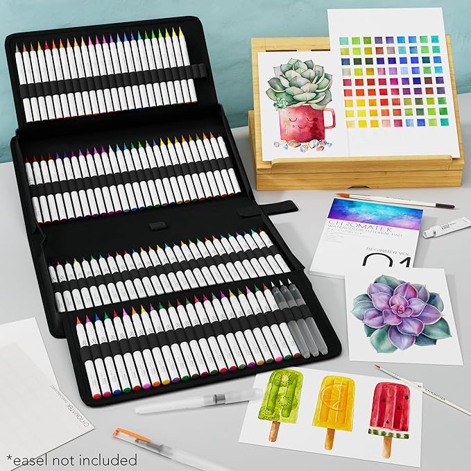 CHROMATEK 108 Watercolor Pens Set | Including 15 Page Pad & Online Video Tutorial Series | 5 Aquapens & 100 Unique Colors | Real Brush Pens | Easily Blendable, Vivid and Smooth