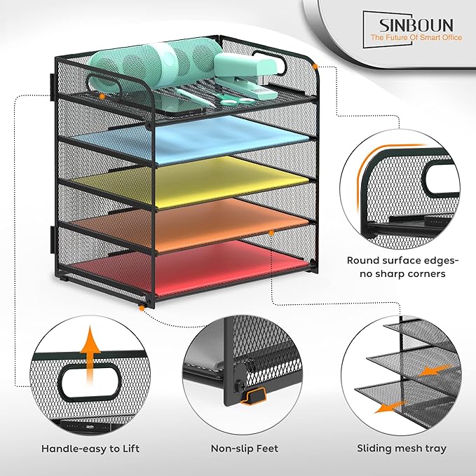 Letter Tray Paper Organizer 5-Tier Desk Organizer File Organizer Paper Holder with Handle, Metal Desktop Document Shelf Tray Office Classroom Organization - Black