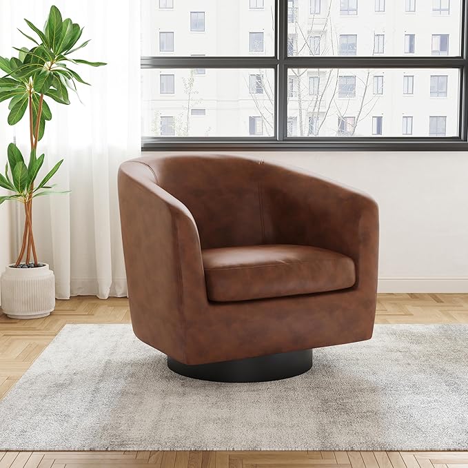 UIXE Faux Leather Swivel Accent Chairs Set of 2, Modern Upholstered Barrel Chairs for Living Room, Comfy Round Armchair Single Sofa Bedroom Reading Seat - 31" W, Coffee