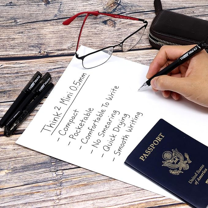 THINK2MASTER [24 Pens - Black Ink Think2 0.5mm Pocketable Mini Gel Pens. (24 Black) Fine Point Small Rollerball Pens with Smooth Quick Drying Ink.