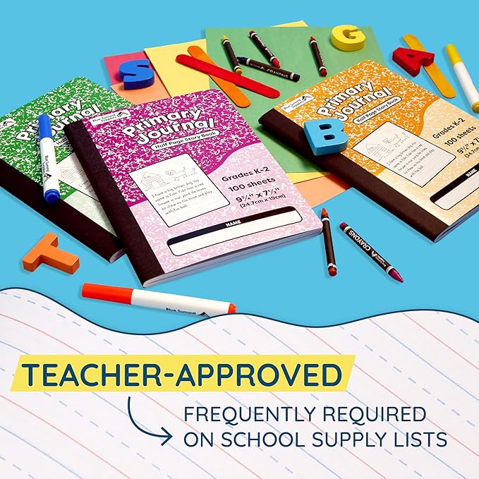 Blue Summit Primary Composition Notebook K-2, Primary Journal Grades K-2, Writing Journal for Kids in Preschool, Kindergarten Notebook For Kids to Learn to Write, 100 Sheets, 6 Pack, Assorted Colors