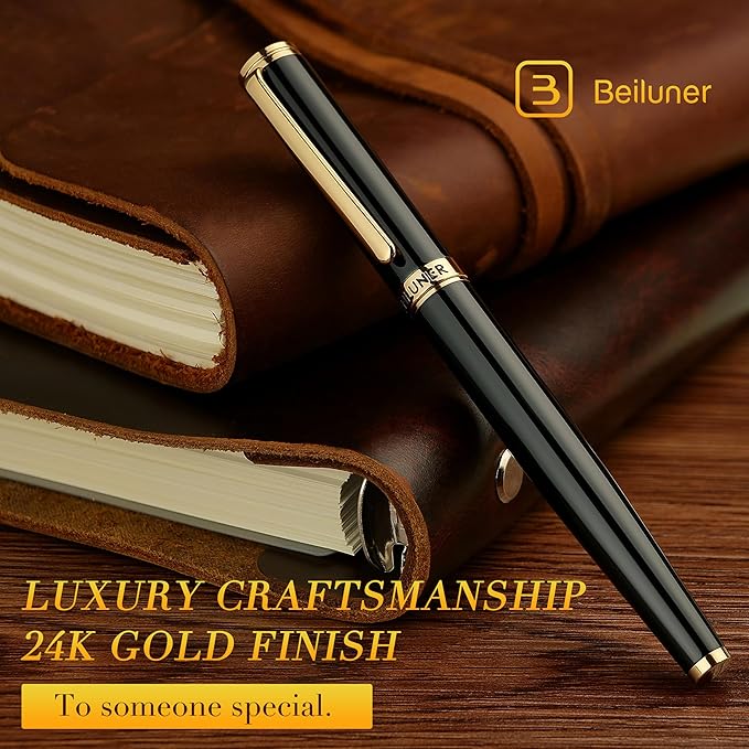 BEILUNER Black Fountain Pen,Stunning Luxury Piano Lacquer,24K Gilded Nib(Medium),Gorgeous 24K Gold Finish,Ink Converter, Gift for Men&Women-Elegant, Reliable, Office, Professional Pens for Writing